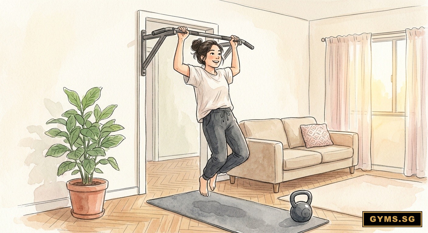 A working home corner: one kettlebell, one doorway pull-up bar, one yoga mat. Total under S$200.