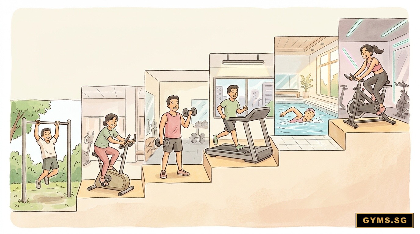 Six tiers of Singapore gym pricing, from free outdoor fitness corners to boutique studios.