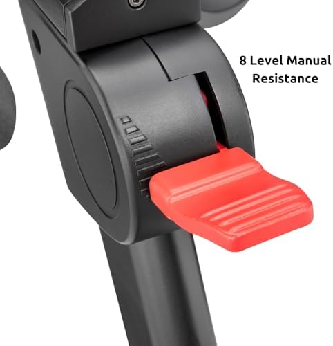 Close-up of the red Adidas C-21X resistance lever with overlay reading 8 Level Manual Resistance