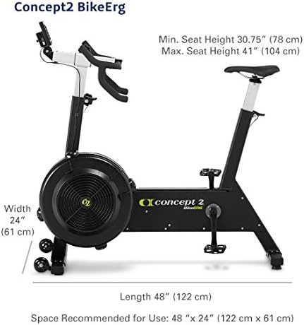 Concept2 BikeErg dimension diagram showing 122 cm length, 61 cm width, and seat height range 78 to 104 cm for HDB room planning