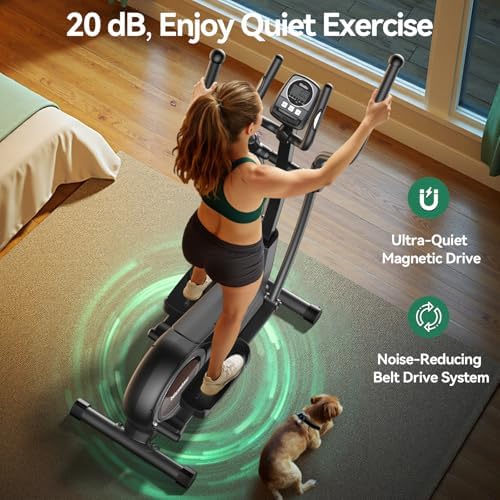 Niceday elliptical with 20 dB Enjoy Quiet Exercise overlay and ultra-quiet magnetic drive label