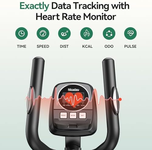 Niceday elliptical console close-up with six metric icons time speed distance calories odometer and pulse