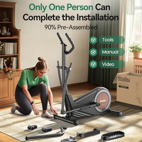 Niceday elliptical 90 percent pre-assembled with one person installing it next to the shipping box