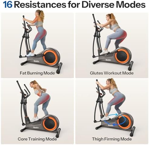 Niceday CT11 marketing grid showing four workout modes: fat burning, glutes, core, thigh firming, with '16 resistances for diverse modes' header