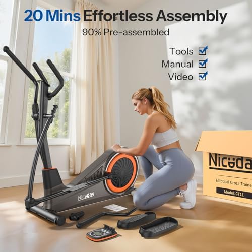 Niceday CT11 assembly shot with shipping box visible, '20 mins effortless assembly' overlay