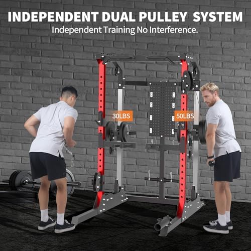 Two users training simultaneously on the independent dual pulley system, one performing a 30 lb pulldown on the left side, the other a 50 lb cable row on the right side