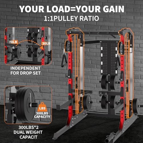 Diagram showing 1:1 pulley ratio with 70 lb load equating to 30 lb work plus 300 lb capacity per side dual weight stack