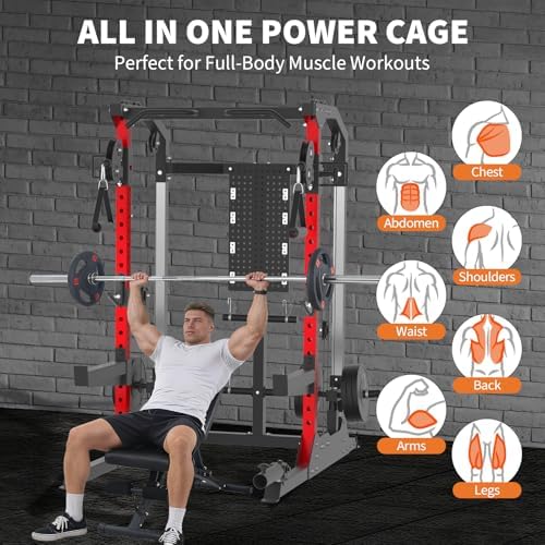User performing seated overhead press inside the power cage with the muscle group diagram on the right showing chest, abdomen, shoulders, waist, back, arms, and legs as targeted areas