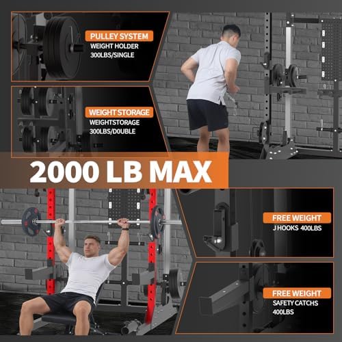 Power cage spec overlay showing 2000 lb max frame rating with smaller insets clarifying J-hooks 400 lbs, safety catches 400 lbs, pulley weight holder 300 lbs single and 300 lbs double