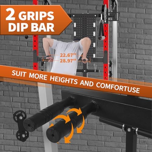 Dip bar attachment showing two grip widths, 22.67 inches and 28.97 inches, with rotating cushioned handle detail