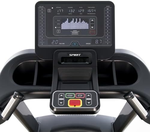 Spirit CT850+ console close-up showing large LCD display, side incline and speed buttons, START STOP heart-rate handles, and cooling fan grille